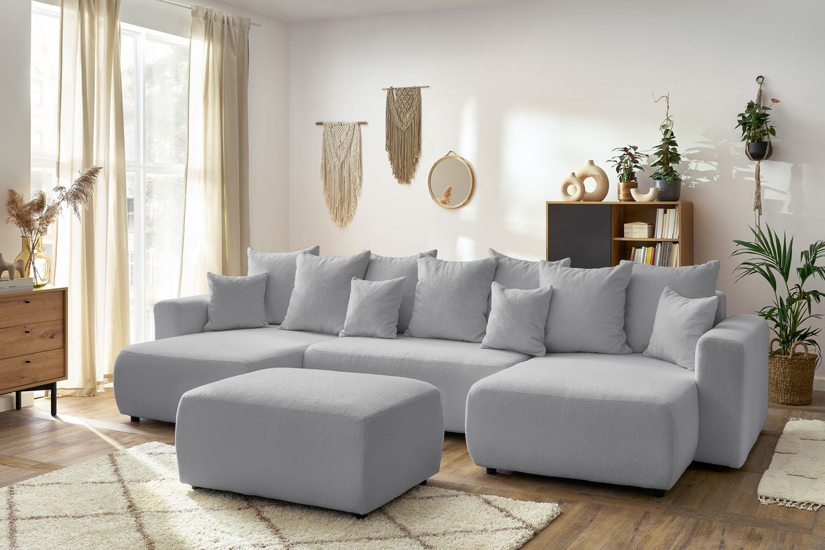 Canapé panoramique convertible coffre ENVY tissu bouclette avec pouf rectangulaire