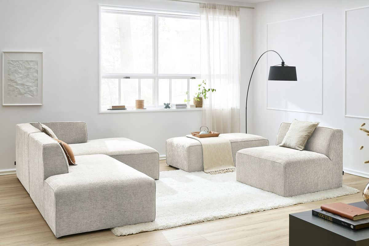 Canapé d'angle fixe modulable MEGEVE tissu texturé avec 1 chauffeuse et 1 pouf