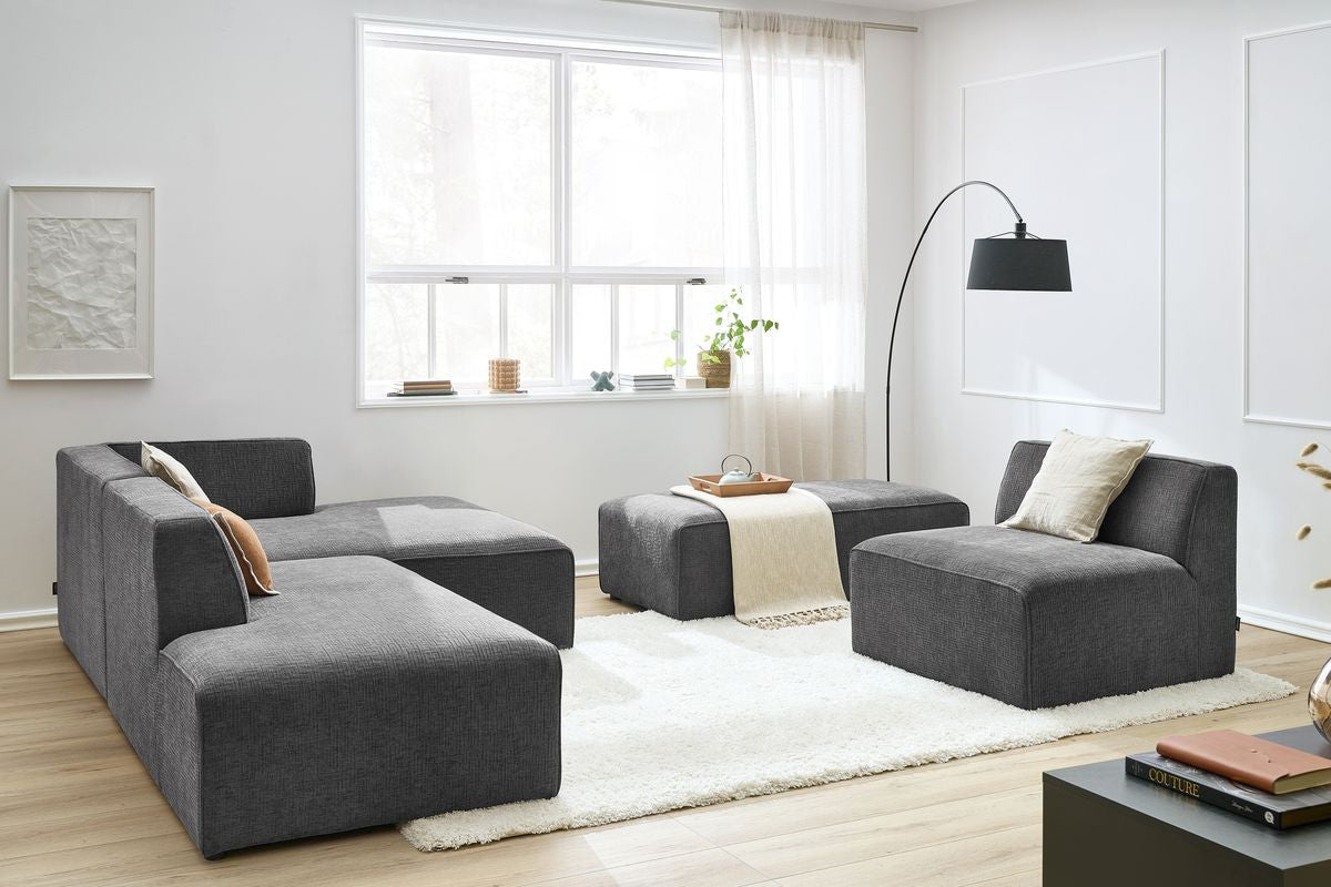 Canapé d'angle fixe modulable MEGEVE tissu texturé avec 1 chauffeuse et 1 pouf