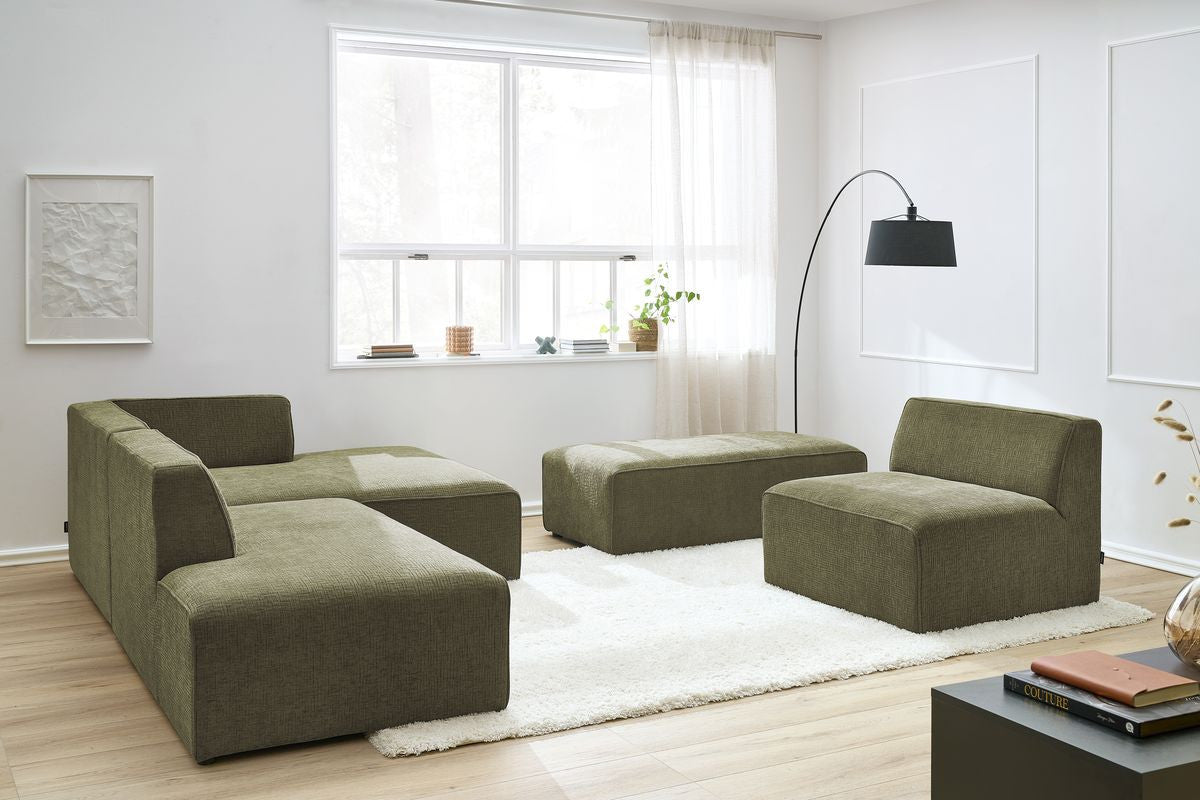 MEGEVE vaste modulaire hoekbank in structuurstof met 1 fauteuil en 1 poef