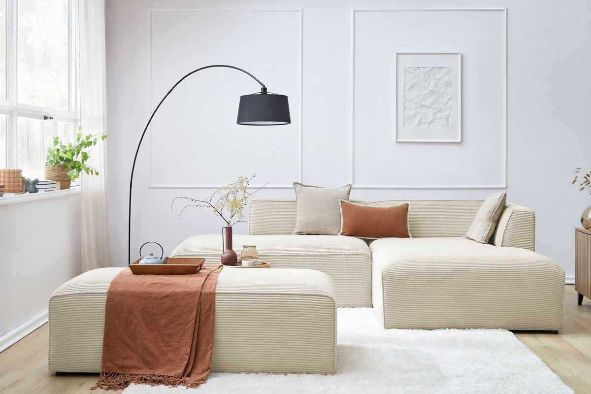 Canapé d'angle fixe modulable MEGEVE tissu velours côtelé avec pouf