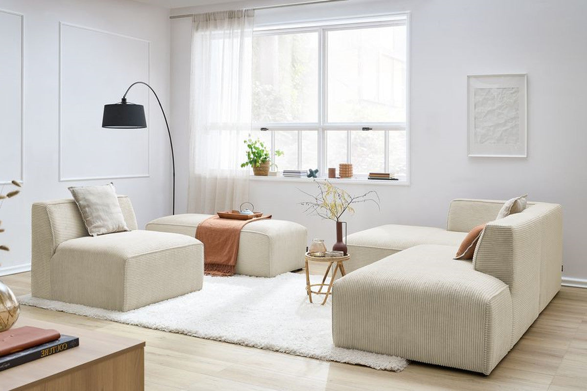 Canapé d'angle fixe modulable MEGEVE tissu velours côtelé avec 1 chauffeuse et 1 pouf