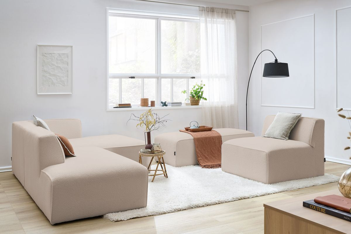 Canapé d'angle fixe modulable MEGEVE tissu bouclette avec 1 chauffeuse et 1 pouf