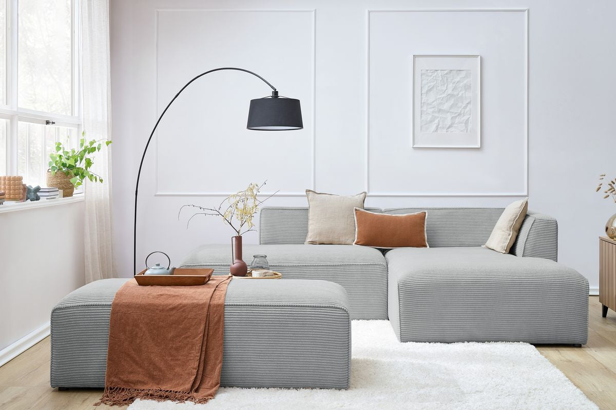 Canapé d'angle fixe modulable MEGEVE tissu velours côtelé avec pouf