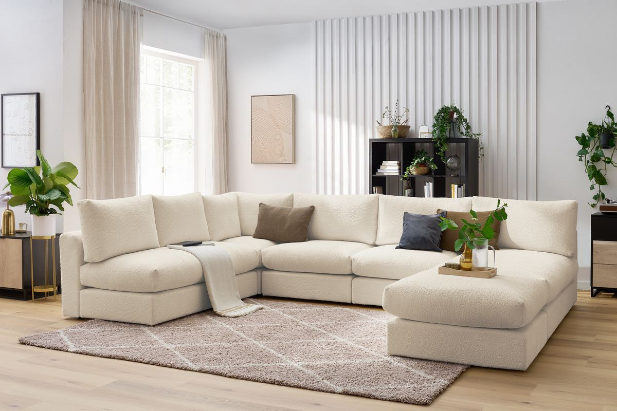 Canapé d'angle fixe 100% modulable PARIS tissu bouclette 3 chauffeuses, 1 méridienne, 1 angle, 1 pouf