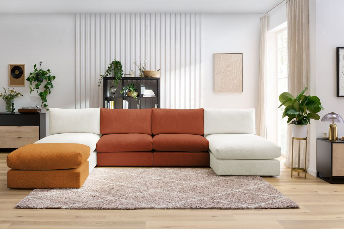 Canapé panoramique fixe 100% modulable PARIS tissu bouclette avec 2 chauffeuses, 2 méridiennes, 1 pouf