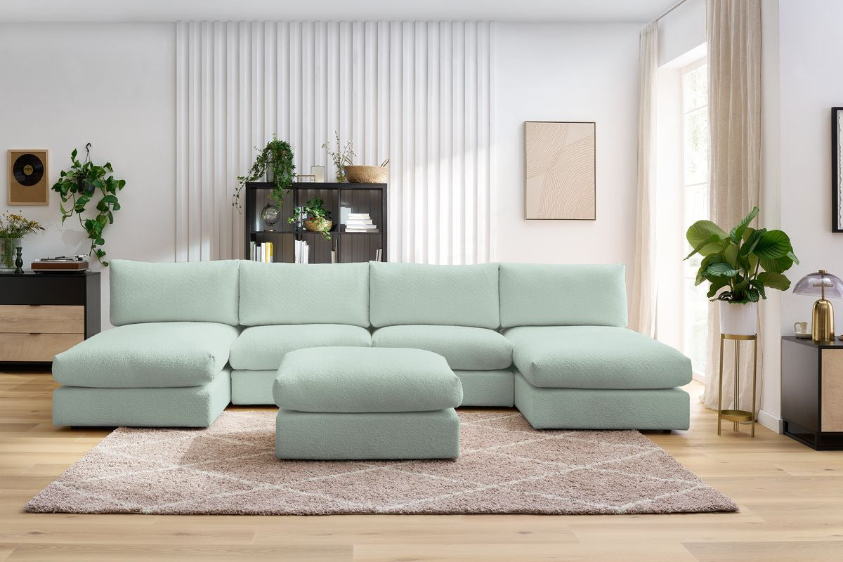 PARIS vaste panoramabank 100% modulaire badstof met 2 fauteuils, 2 chaise longues, 1 poef