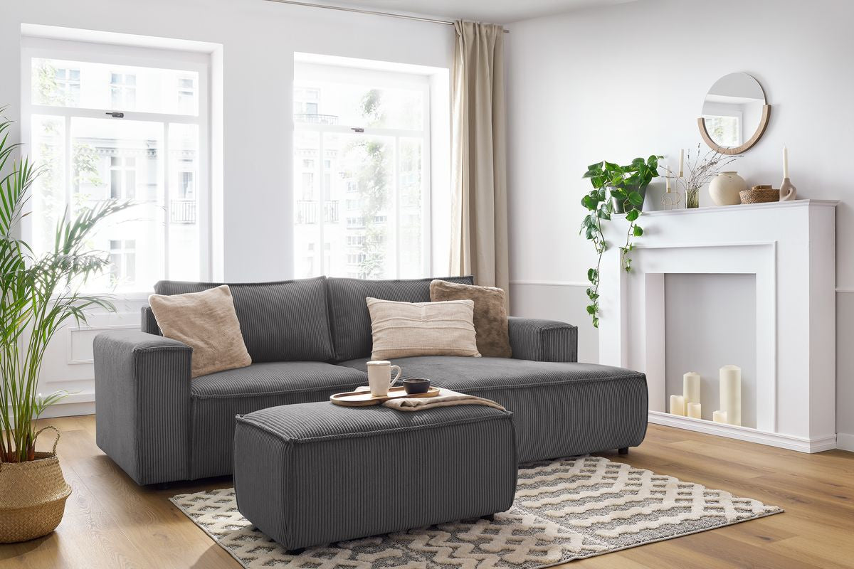 Canapé d'angle fixe compact NIHAD velours côtelé avec pouf