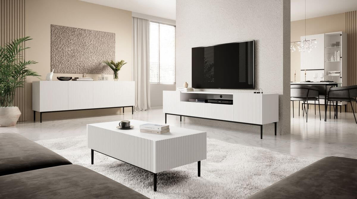 KASHA set met 200 cm tv-meubel + 200 cm 4-deurs dressoir + 100 cm 2-deurs hoog dressoir met zwarte poten