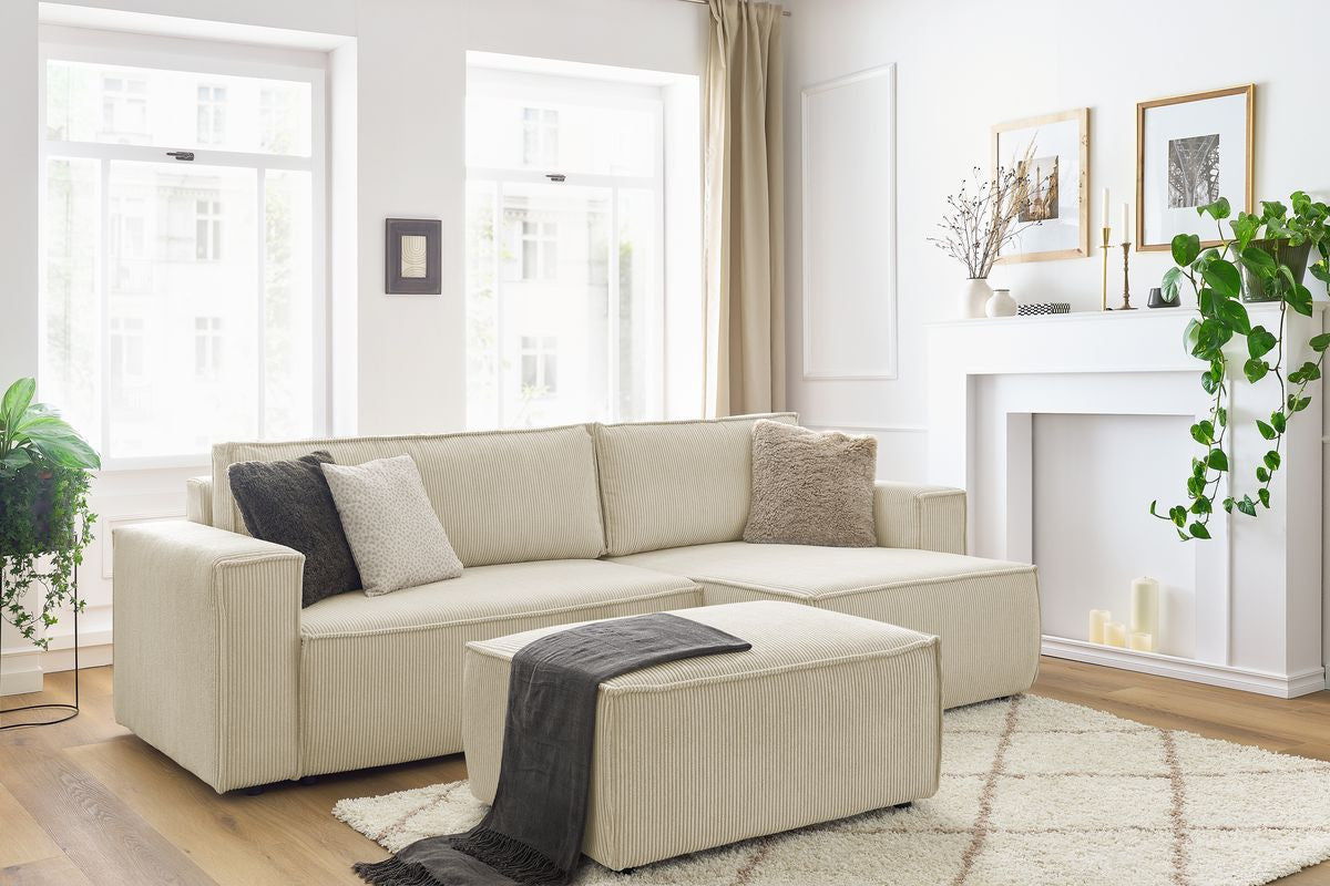 Canapé d'angle réversible convertible coffre NIHAD velours côtelé avec pouf