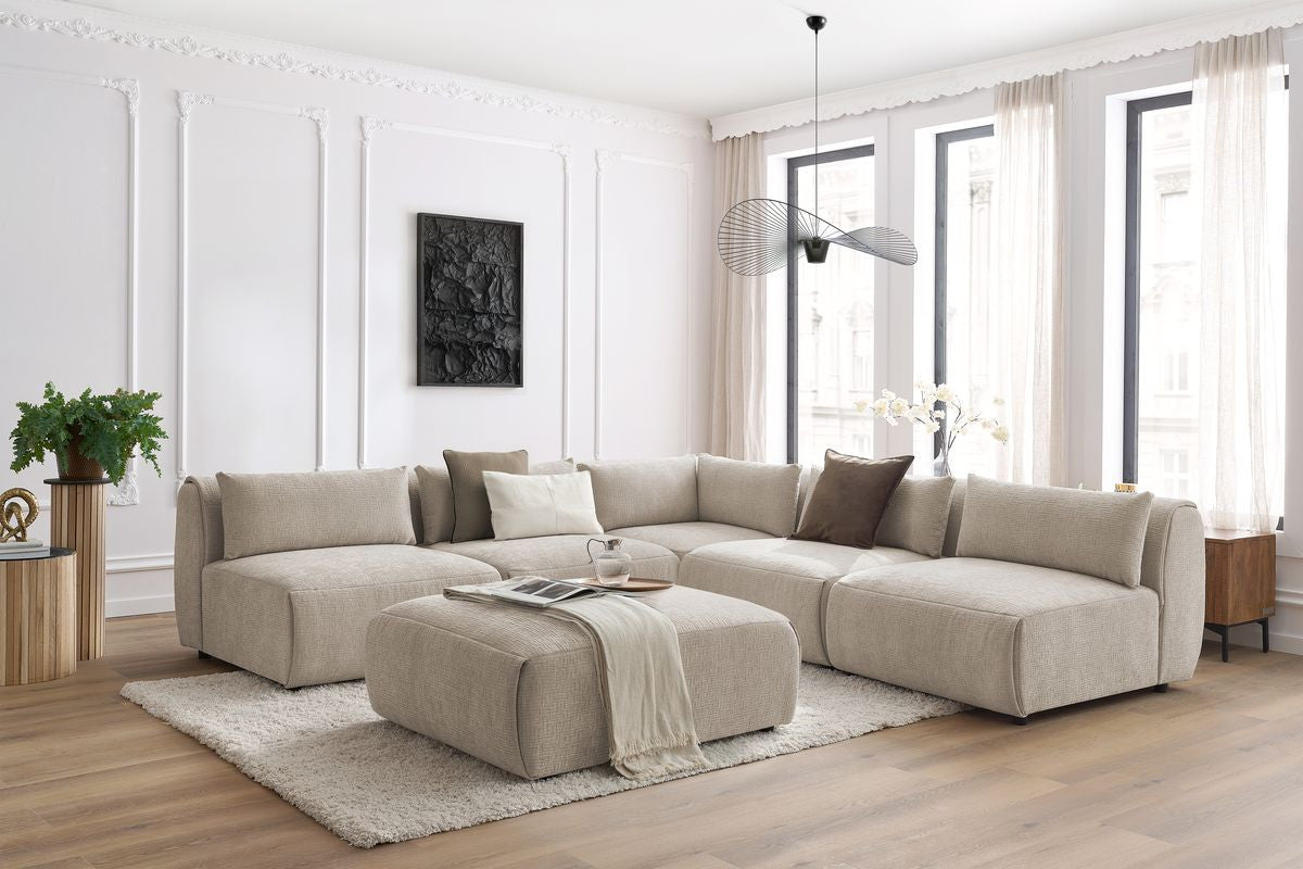 Canapé d'angle fixe modulable JEANNE tissu texturé avec 4 chauffeuses, 1 angle et 1 pouf