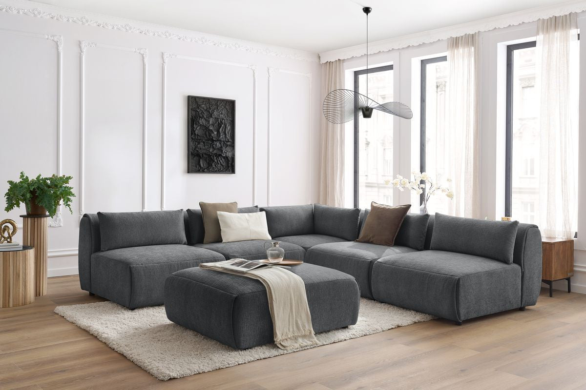 Canapé d'angle fixe modulable JEANNE tissu texturé avec 4 chauffeuses, 1 angle et 1 pouf