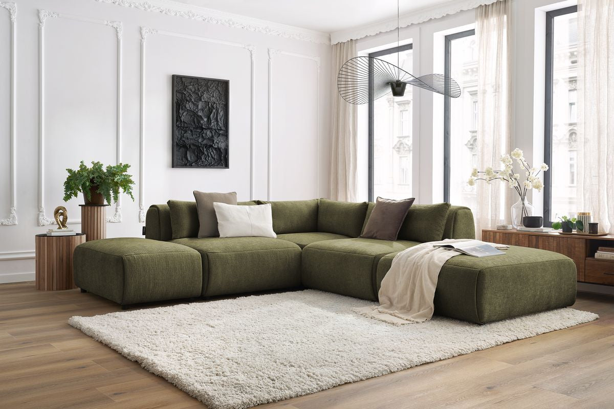 JEANNE modulaire vaste hoekbank in structuurstof met 2 fauteuils, 1 hoekbank en 2 poefs