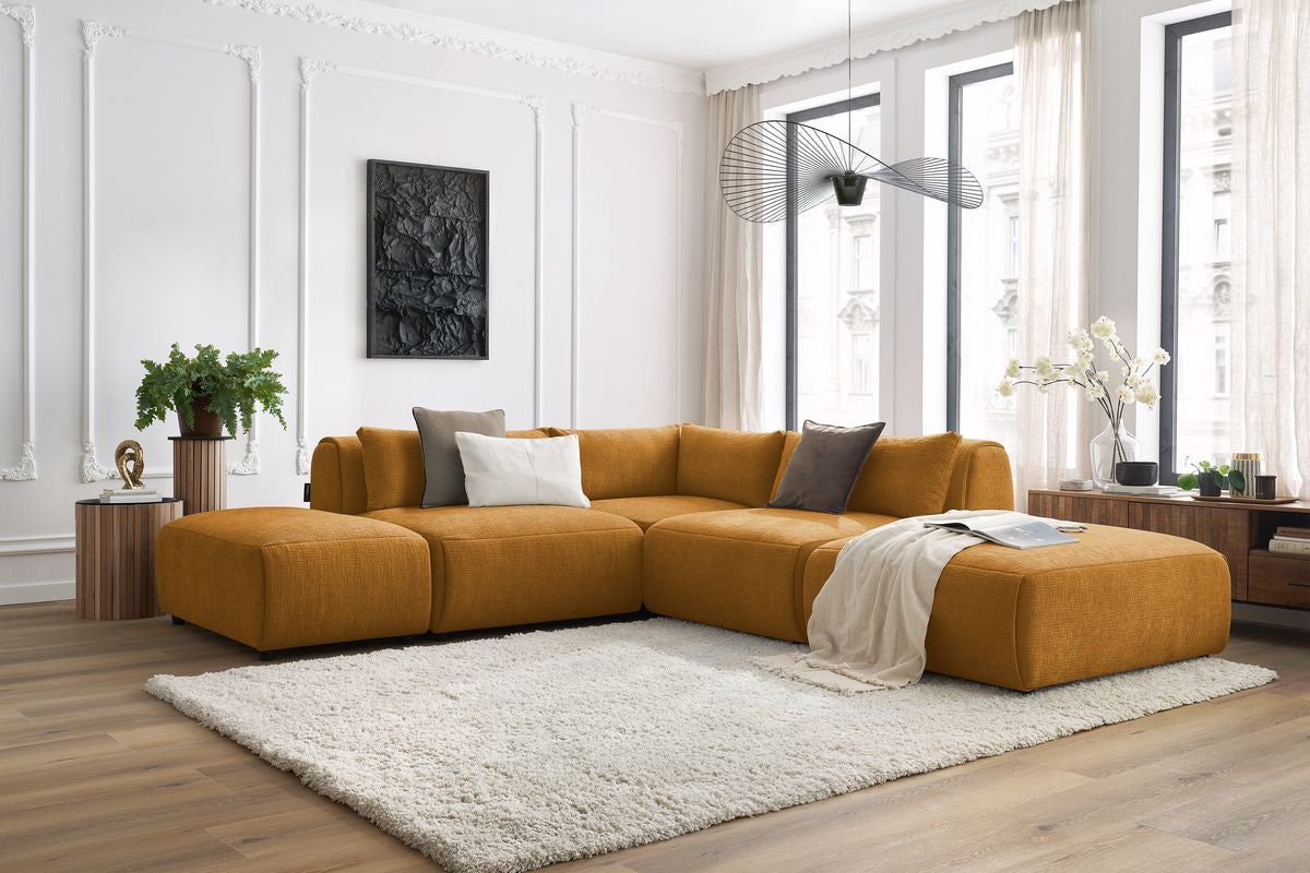 Canapé d'angle fixe modulable JEANNE tissu texturé avec 2 chauffeuses, 1 angle et 2 poufs