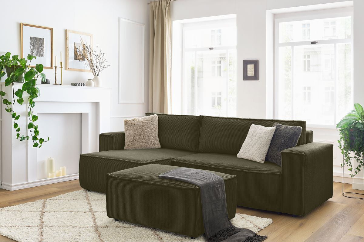 Canapé d'angle réversible convertible coffre NIHAD velours côtelé avec pouf