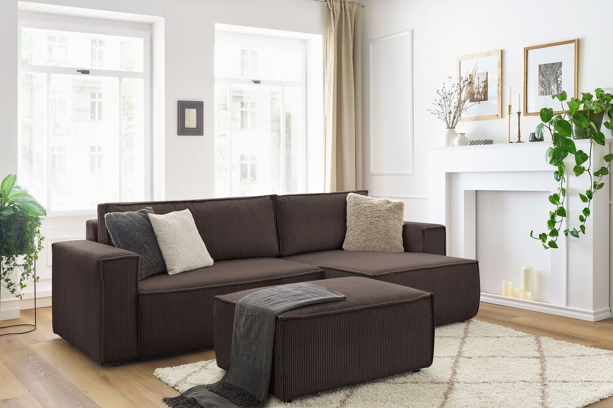 Canapé d'angle réversible convertible coffre NIHAD velours côtelé avec pouf