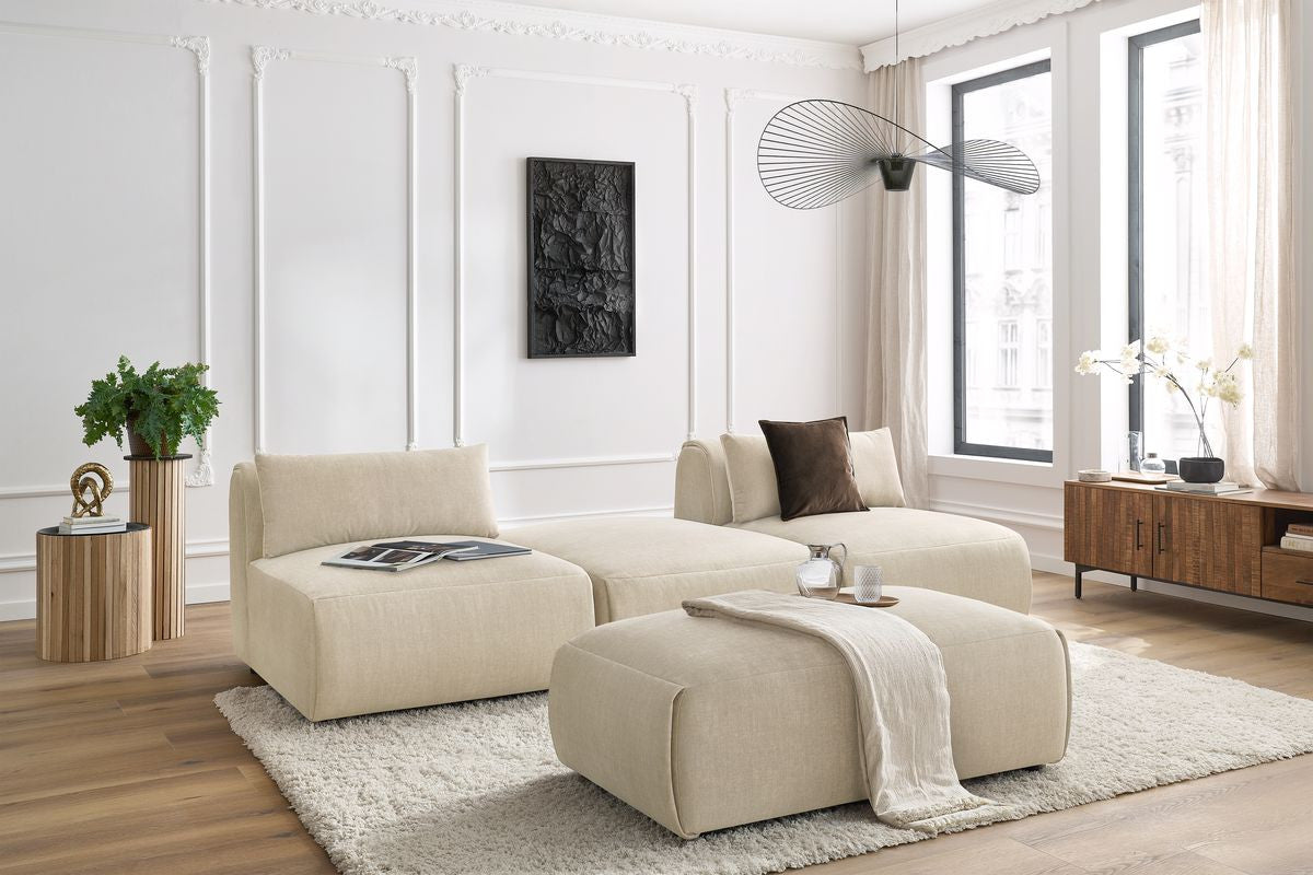 Canapé droit fixe 3 places JEANNE avec pouf tissu velours