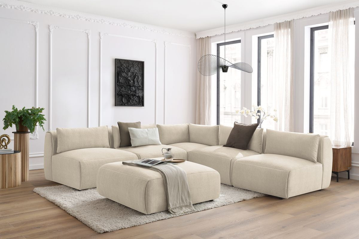 Canapé d'angle fixe modulable JEANNE tissu velours avec 4 chauffeuses, 1 angle et 1 pouf