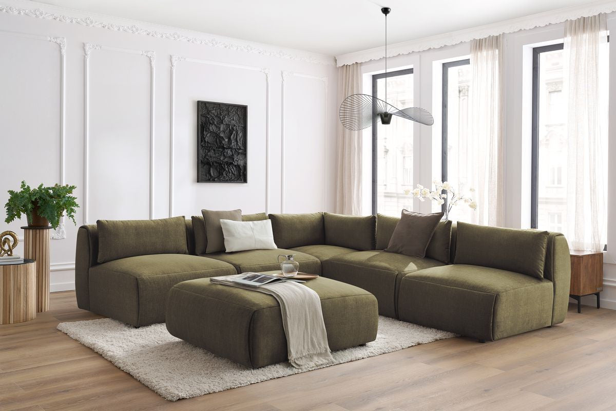 JEANNE modulaire vaste hoekbank in fluwelen stof met 4 fauteuils, 1 hoek en 1 poef