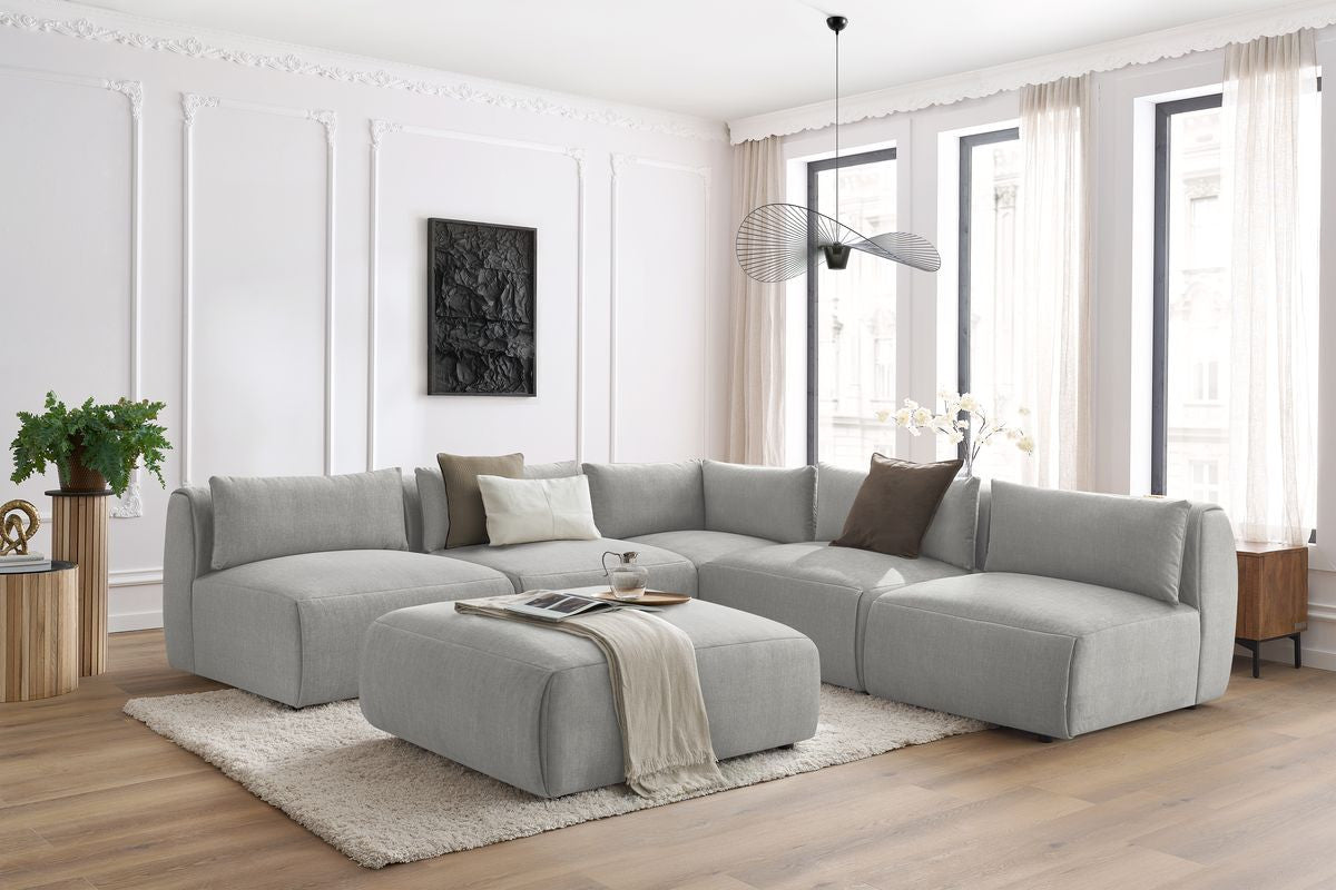Canapé d'angle fixe modulable JEANNE tissu velours avec 4 chauffeuses, 1 angle et 1 pouf