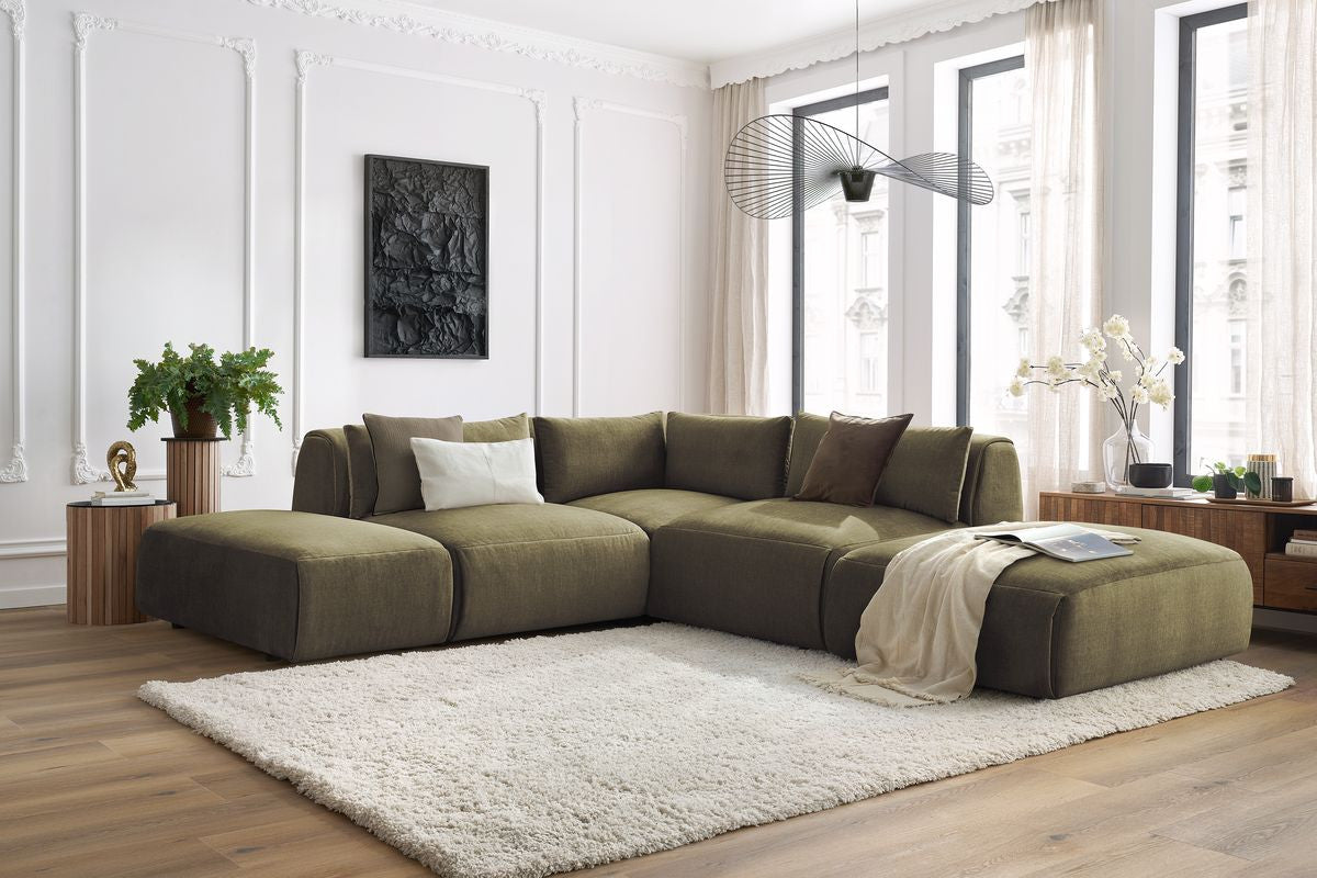 JEANNE modulaire vaste hoekbank in fluwelen stof met 2 fauteuils, 1 hoekbank en 2 poefs