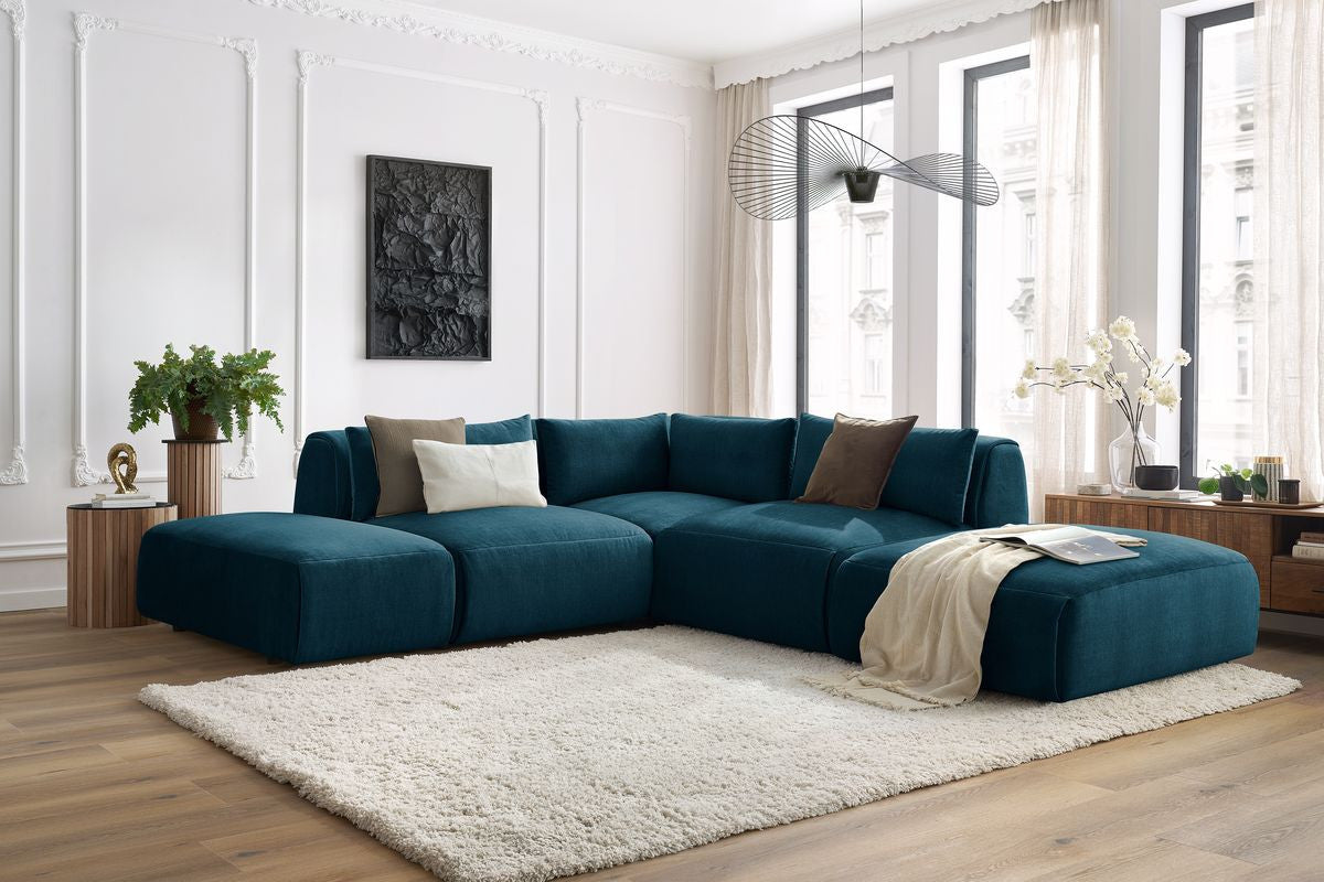 JEANNE modulaire vaste hoekbank in fluwelen stof met 2 fauteuils, 1 hoekbank en 2 poefs