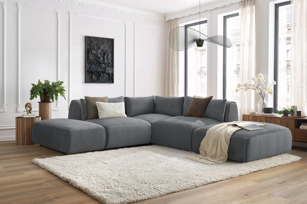 JEANNE modulaire vaste hoekbank in fluwelen stof met 2 fauteuils, 1 hoekbank en 2 poefs