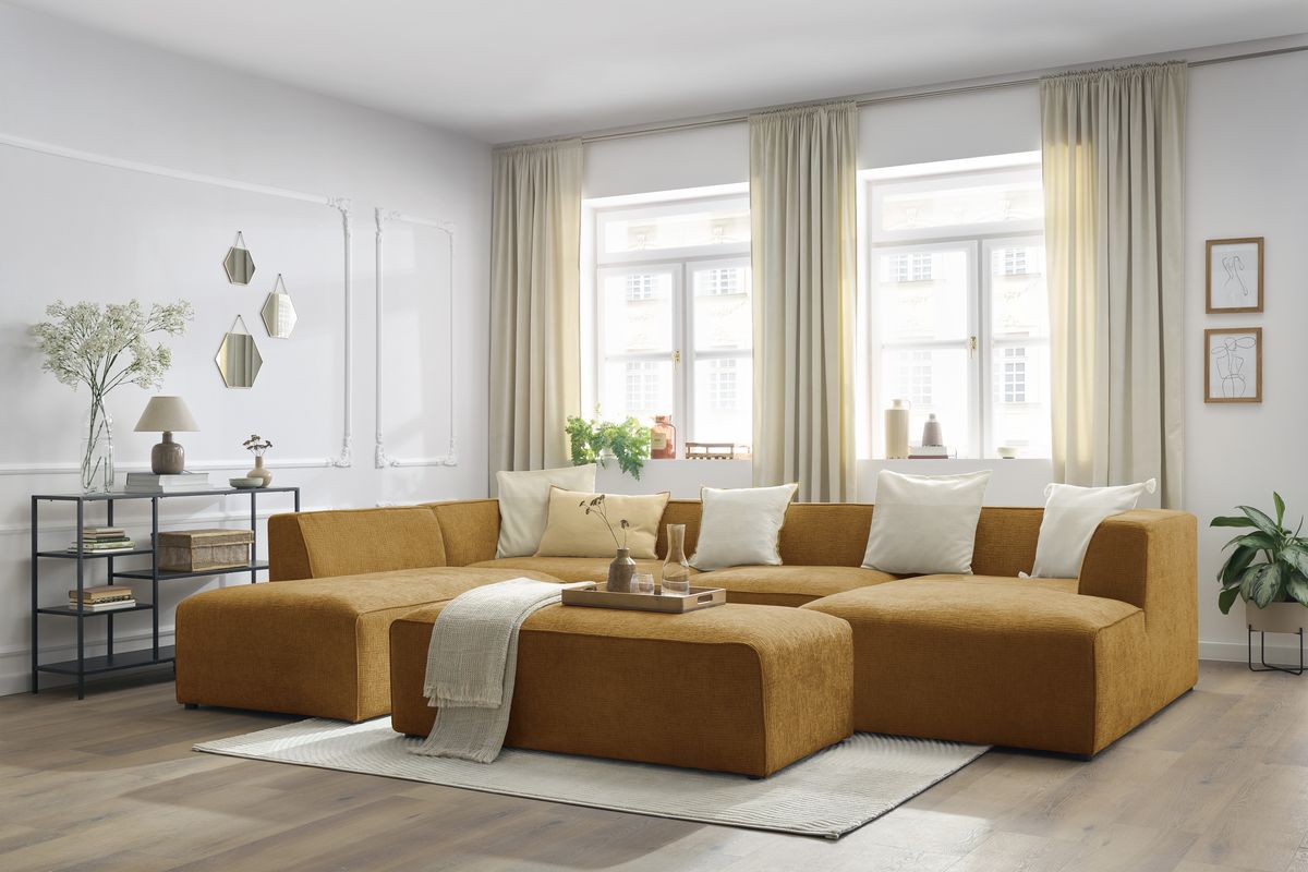 Canapé panoramique fixe MEGEVE avec pouf tissu texturé
