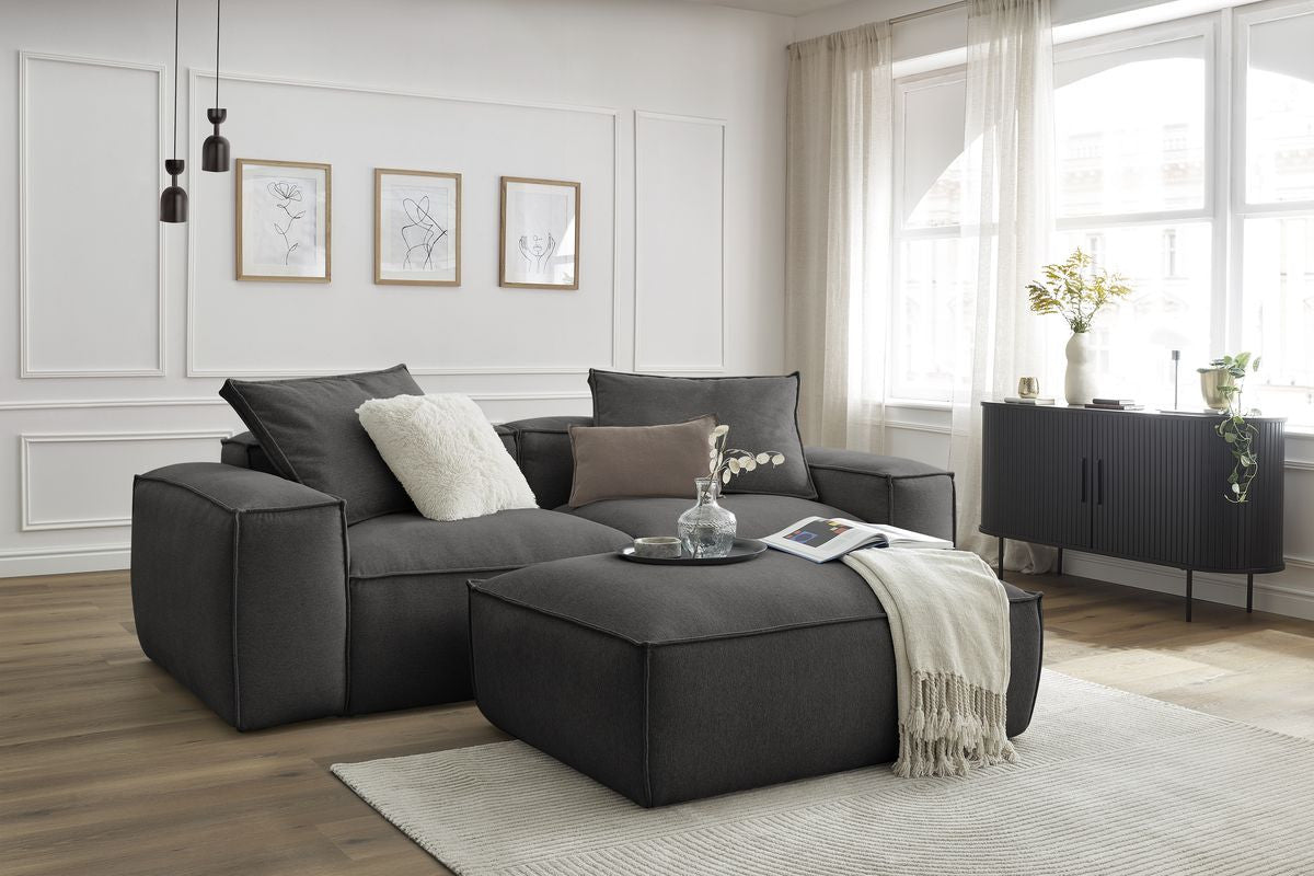 Canapé droit fixe 3 places ultra moelleux BOHEME tissu chiné avec pouf