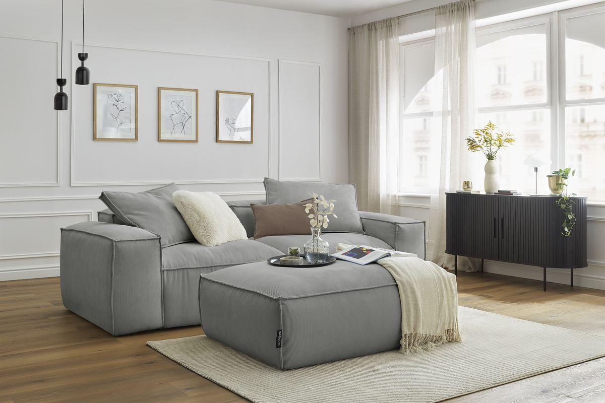 Canapé droit fixe 3 places ultra moelleux BOHEME velours côtelé avec pouf