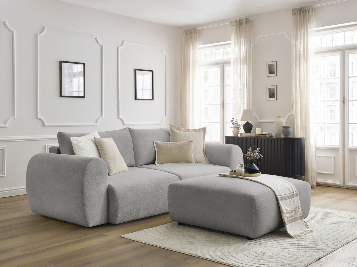 Canapé droit convertible coffre LUCIEN tissu lisse avec pouf