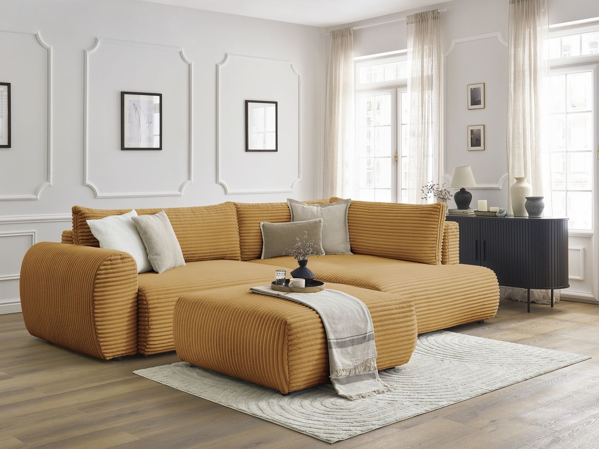 Canapé d'angle L convertible coffre LUCIEN gros côtelé doux avec pouf