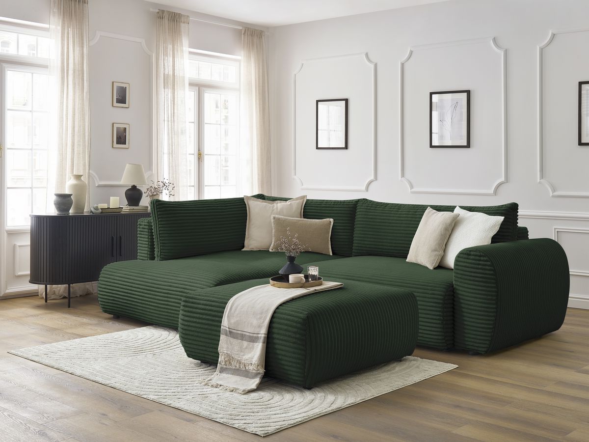 Canapé d'angle L convertible coffre LUCIEN gros côtelé doux avec pouf
