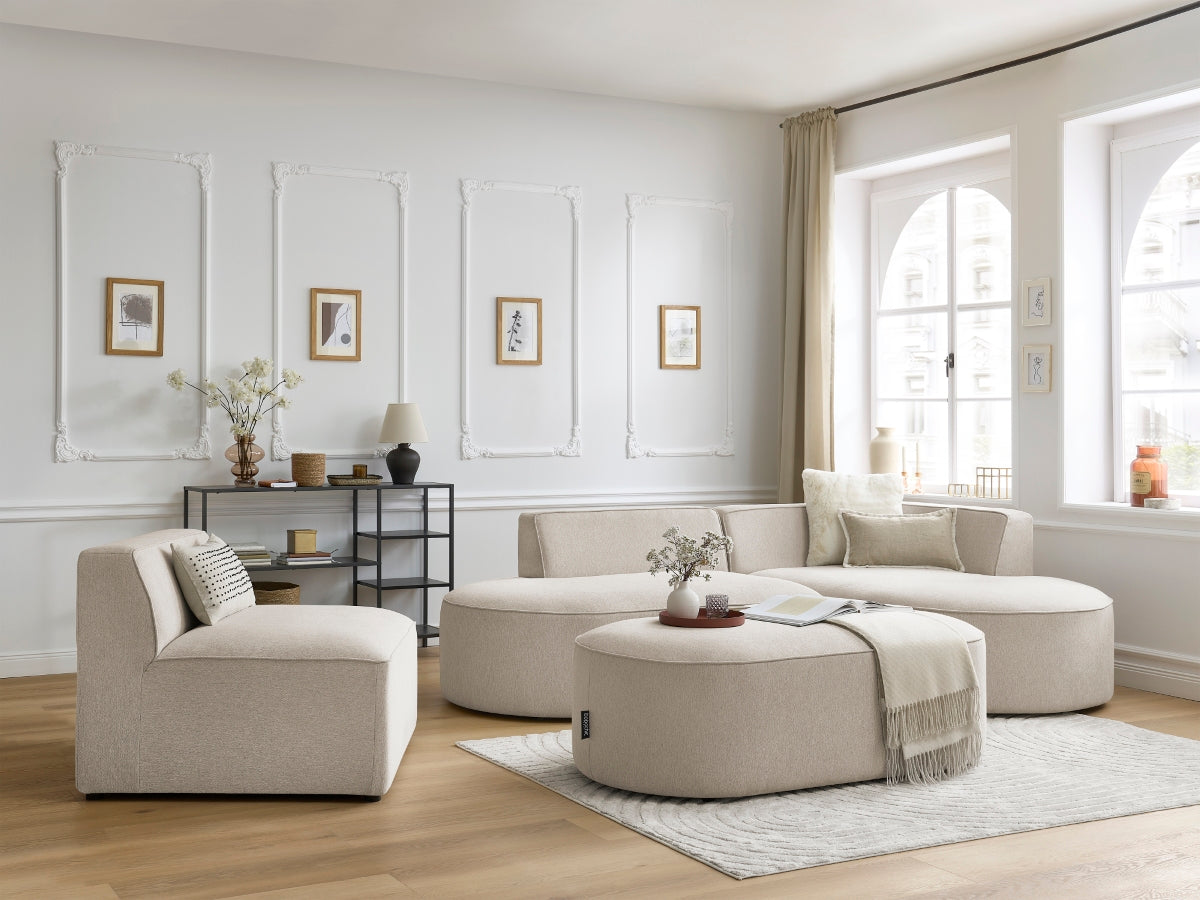 Canapé d'angle fixe modulable ROUSSEAU tissu chiné avec 1 chauffeuse et 1 pouf