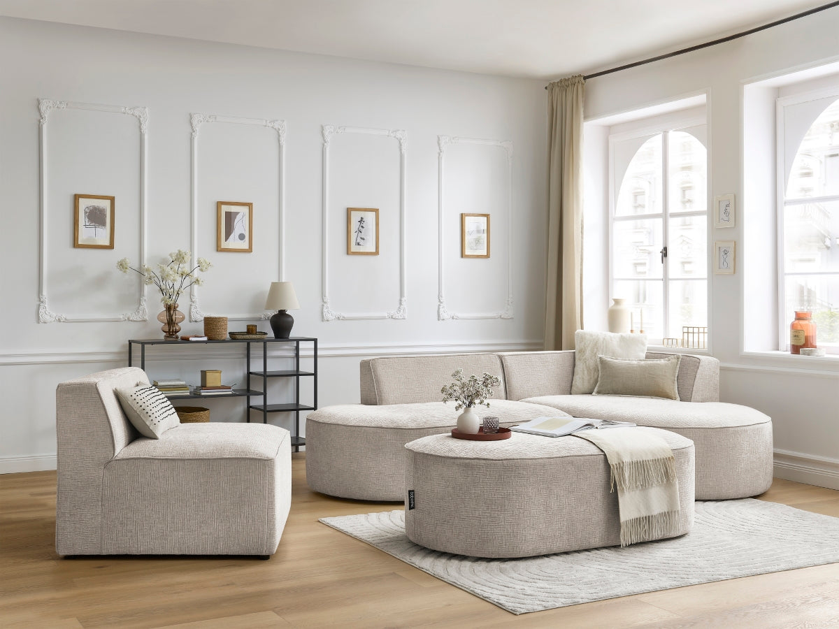 ROUSSEAU vaste modulaire hoekbank in structuurstof met 1 fauteuil en 1 poef