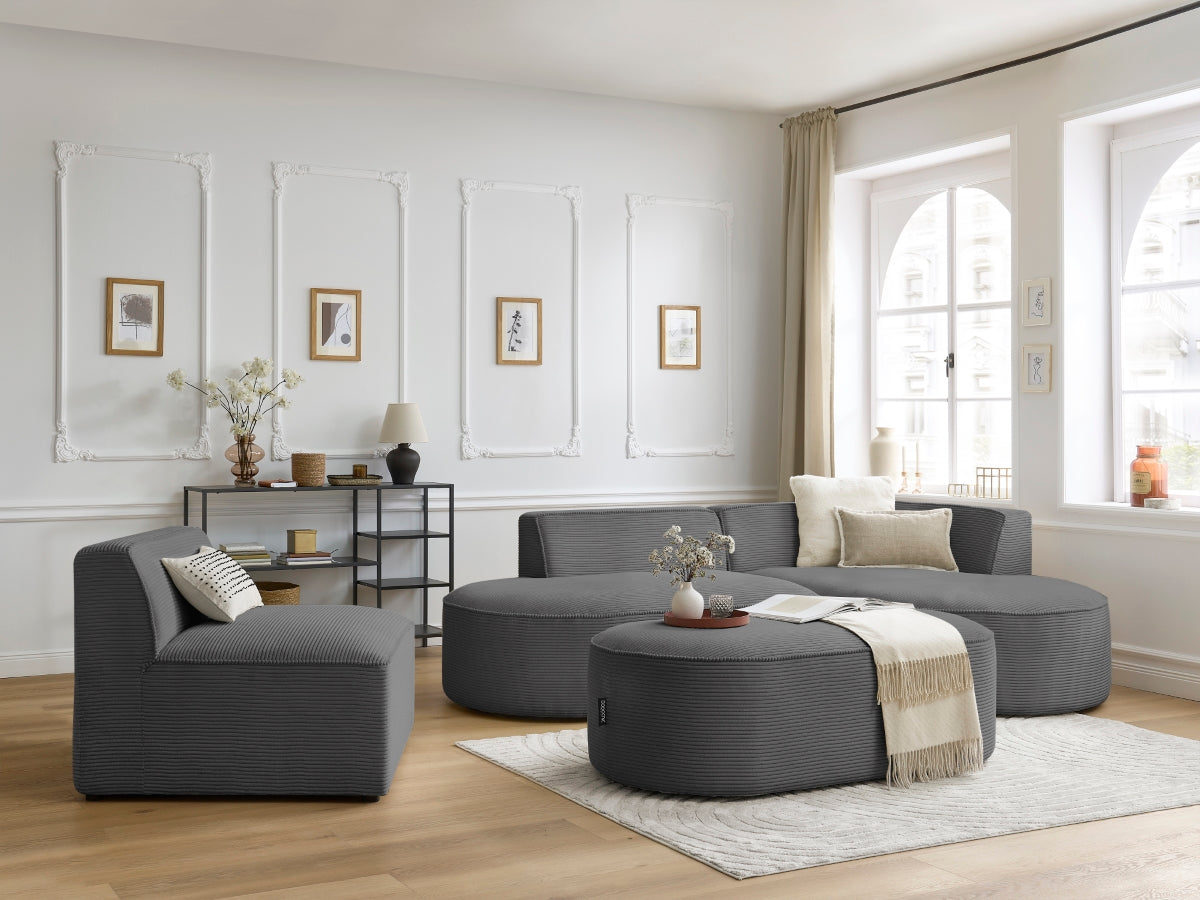 Canapé d'angle fixe modulable ROUSSEAU velours côtelé avec 1 chauffeuse et 1 pouf