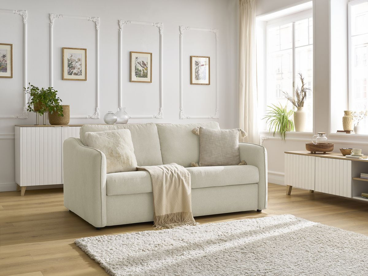 Canapé droit convertible LENNY ouverture express 2 plis tissu lisse