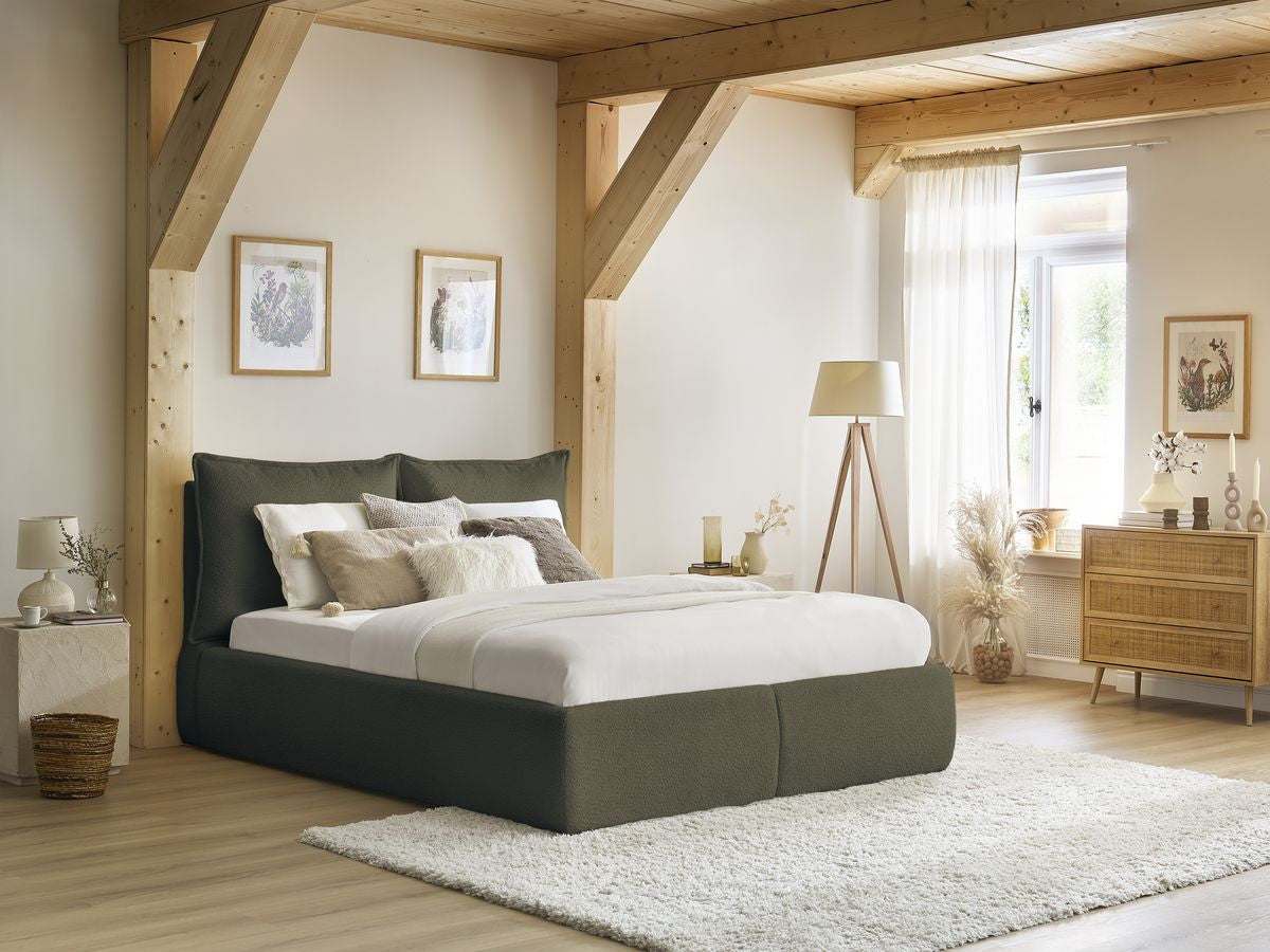 Opbergbed GARANCE met hoofdbord kusseneffect in bouclé stof