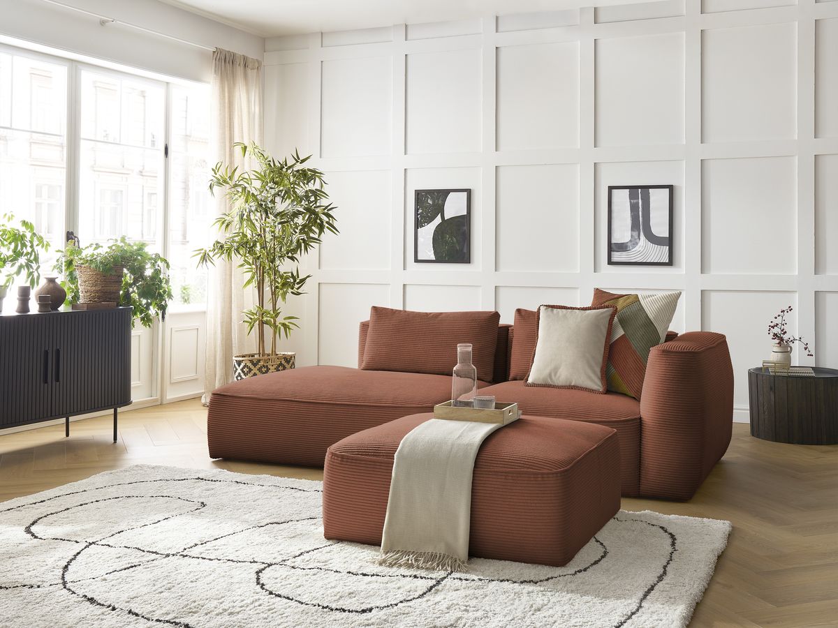 Canapé droit fixe 3 places LEOPOLD velours côtelé avec pouf