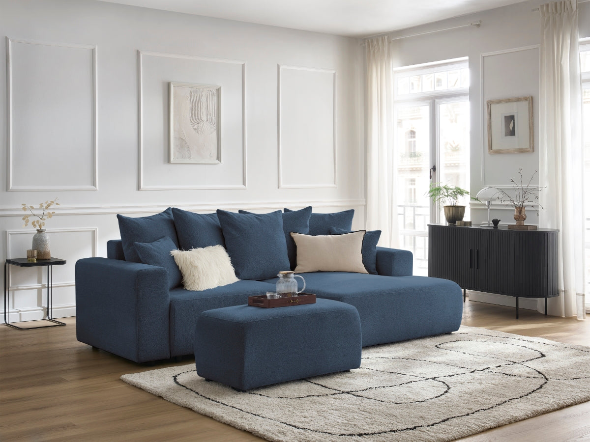 Canapé d'angle convertible coffre ATILLA tissu chiné avec pouf