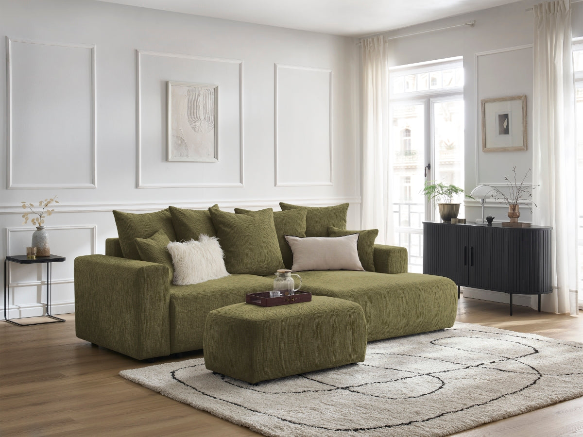 Canapé d'angle convertible coffre ATILLA tissu texturé avec pouf