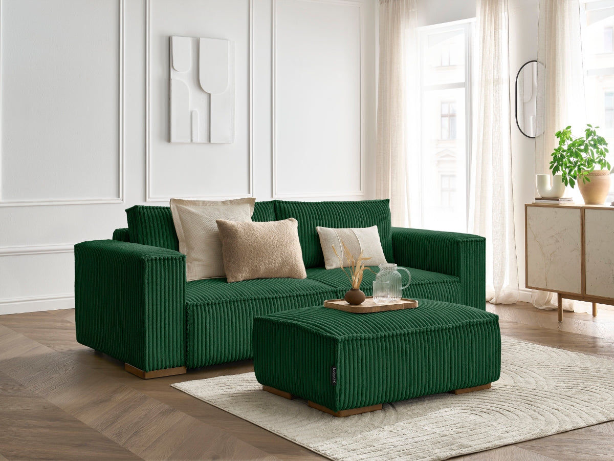 Canapé droit convertible coffre CHELSEA gros côtelé doux avec pouf