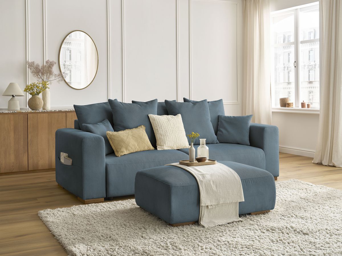 Canapé droit convertible coffre SIDONIE velours côtelé avec pouf