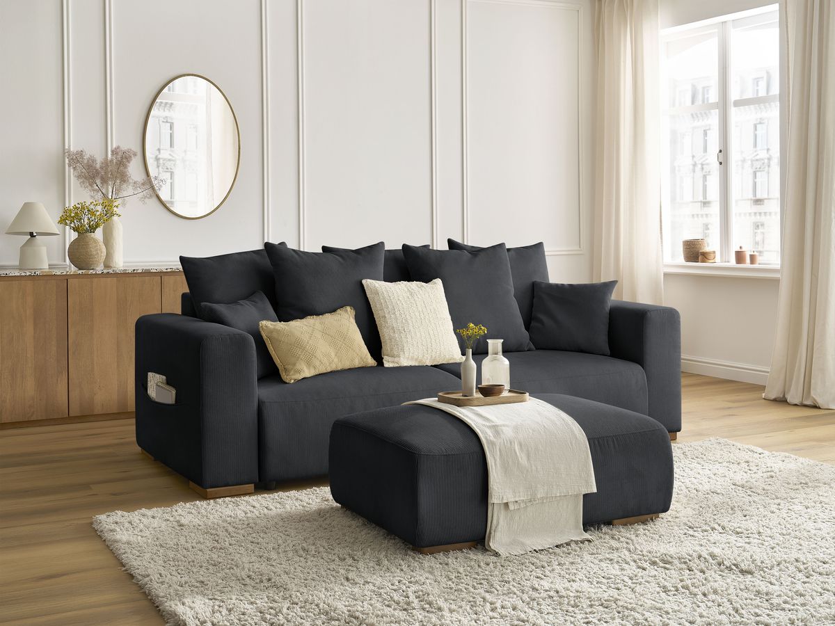 Canapé droit convertible coffre SIDONIE velours côtelé avec pouf