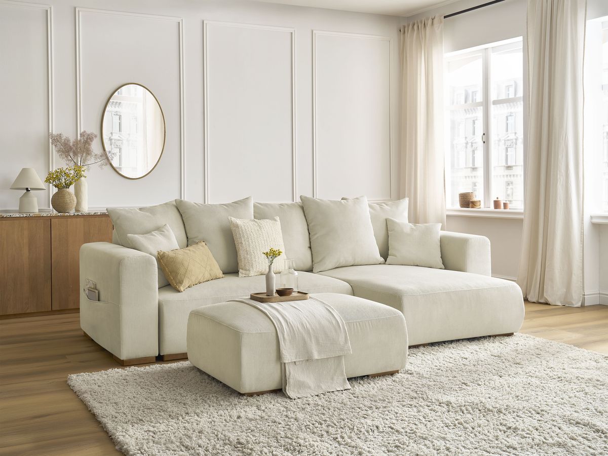 Canapé d'angle convertible réversible coffre SIDONIE velours côtelé avec pouf