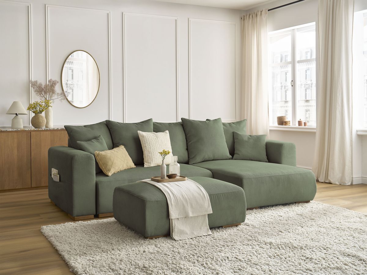 Canapé d'angle convertible réversible coffre SIDONIE velours côtelé avec pouf