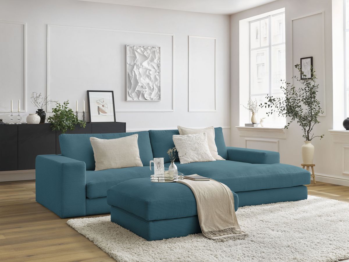Canapé d'angle fixe compact LEONARD velours côtelé avec pouf