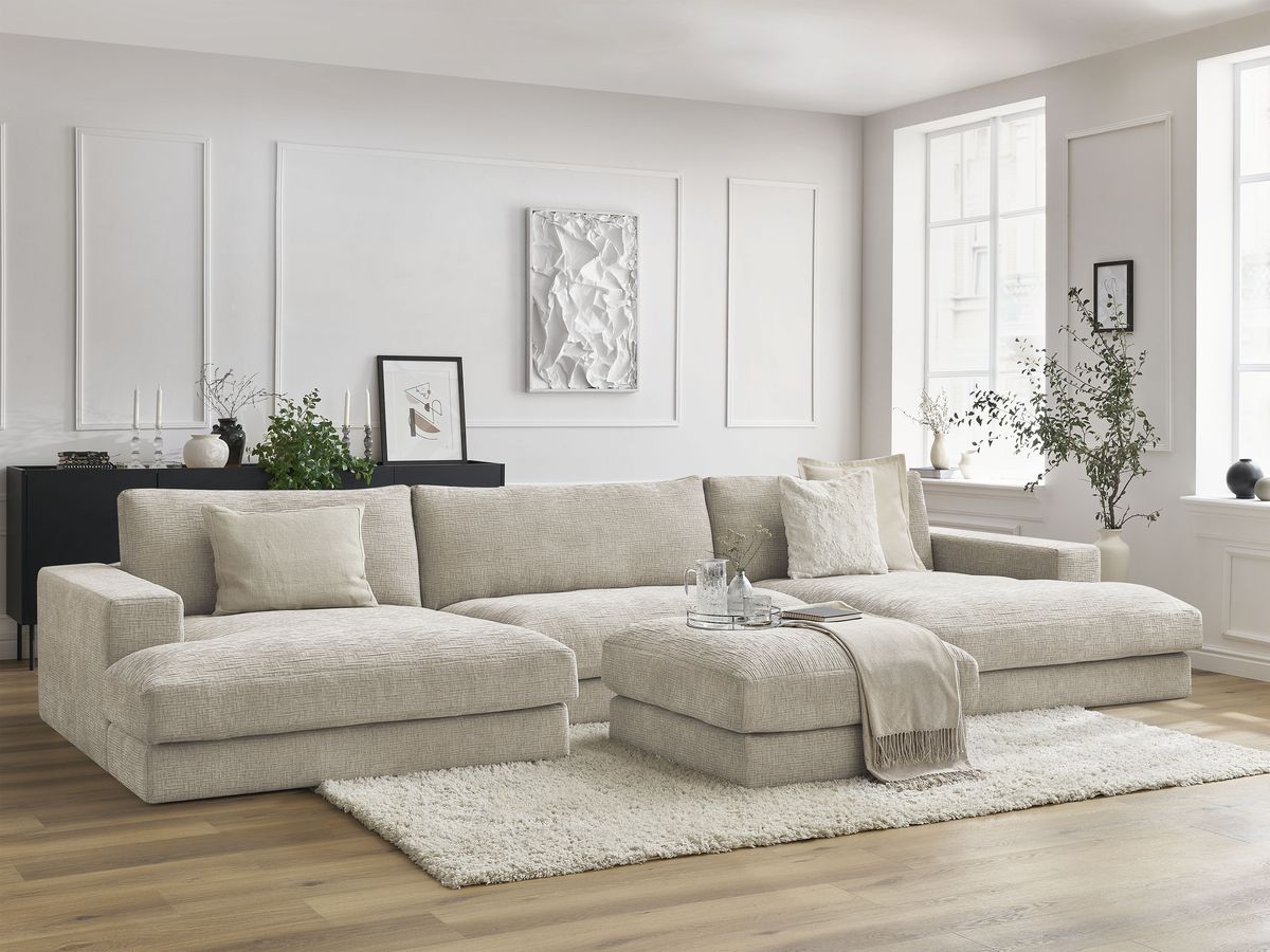 Canapé panoramique fixe compact LEONARD tissu texturé avec pouf