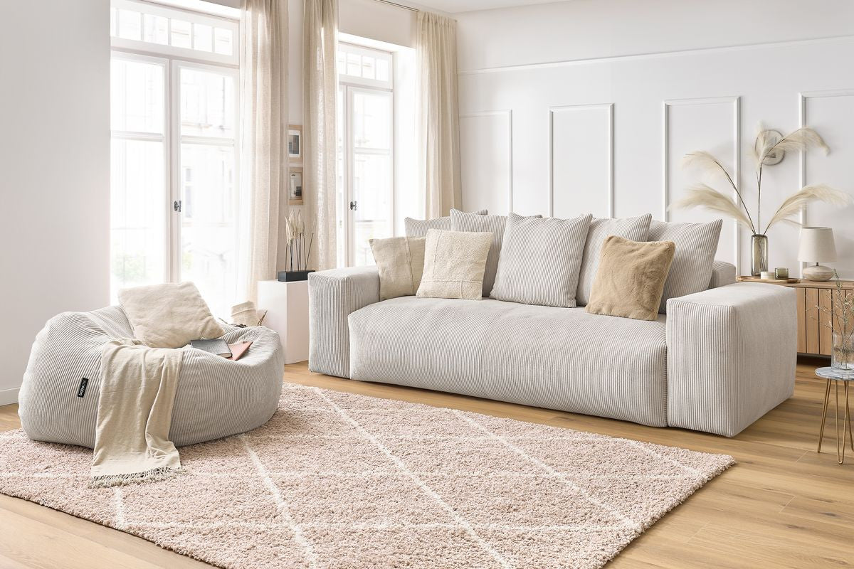 Canapé droit fixe 3 places VOLTAIRE velours côtelé avec pouf