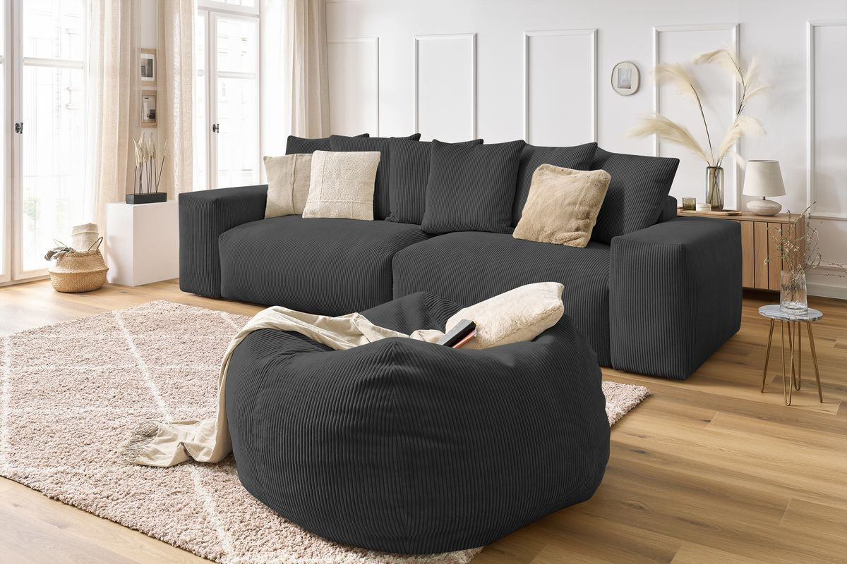 Canapé droit fixe 4 places VOLTAIRE velours côtelé avec pouf